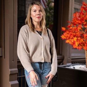 Saint + Sofia gray/taupe oversized organic cotton cropped cardigan sweater M